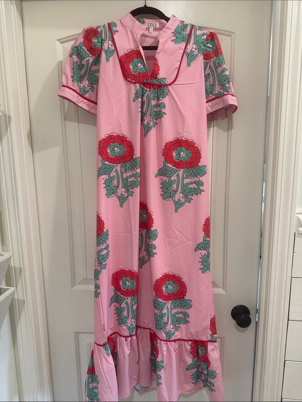 Tibi Pink Floral Maxi Dress with Green and Red Blooms